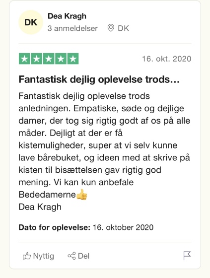 Trustpilot bededamerne bedemand bisættelser begravelse alternativ bisættelse